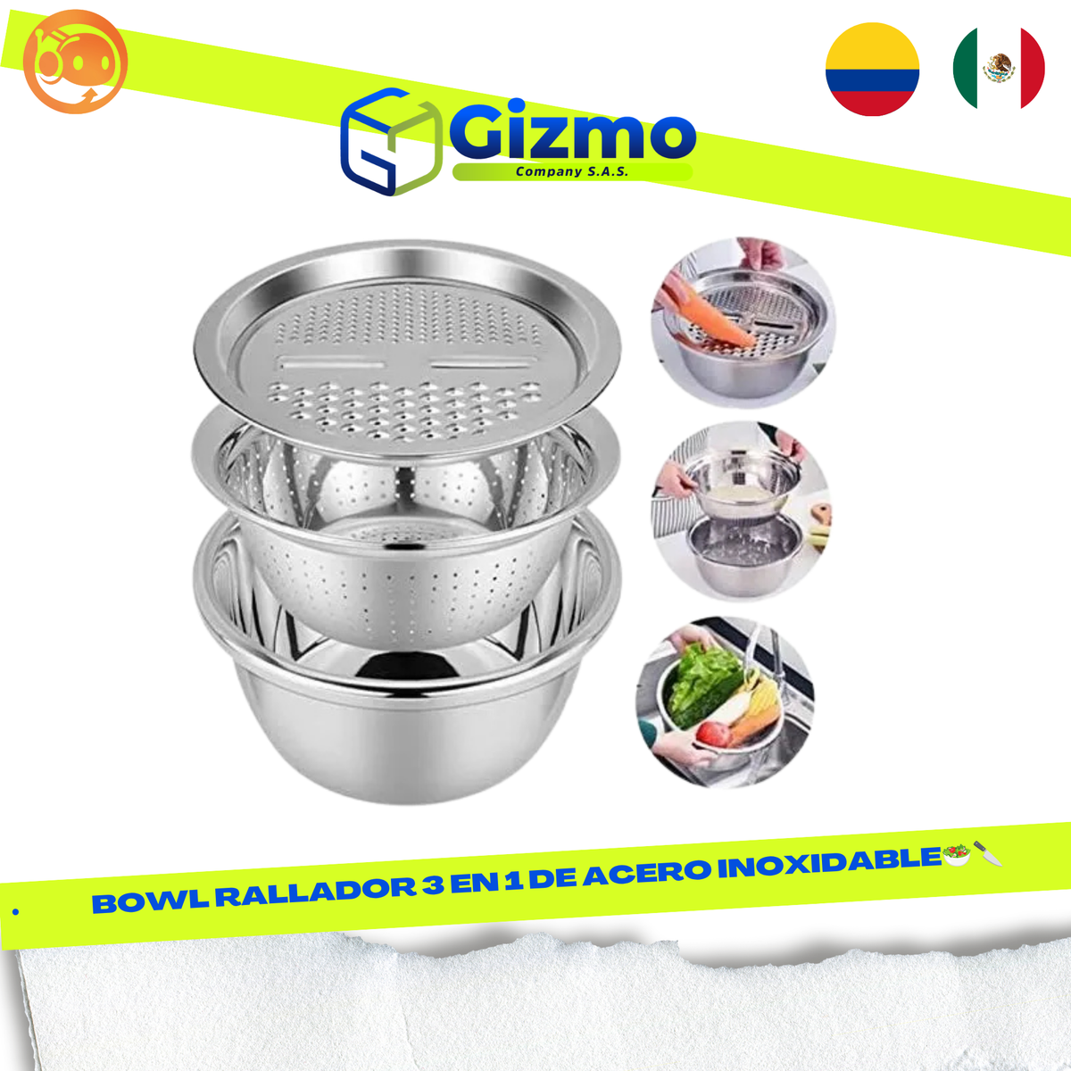 Bowl Rallador 3 En 1 De Acero Inoxidable