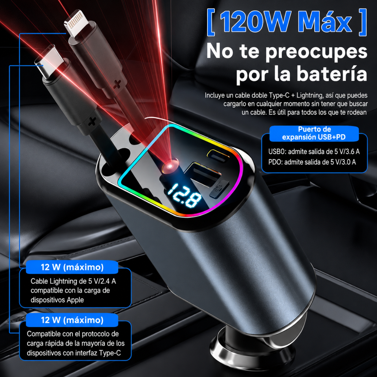 Cargador 4 En 1 Con Luz Led Para Carro